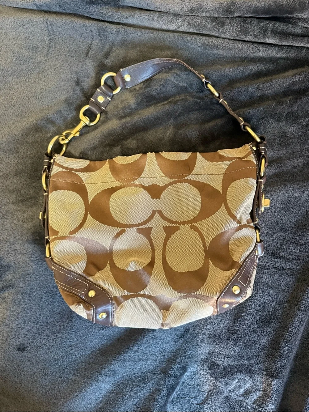 Coach Brown Signature Canvas Hobo with Dark Brown Leather Trim